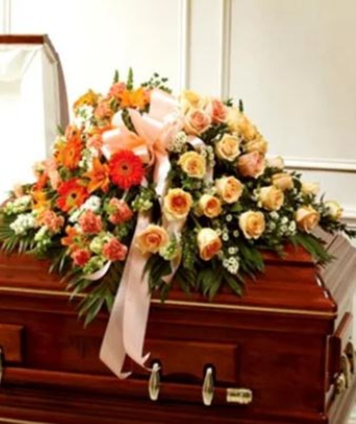 Peach And White Mixed Casket Spray