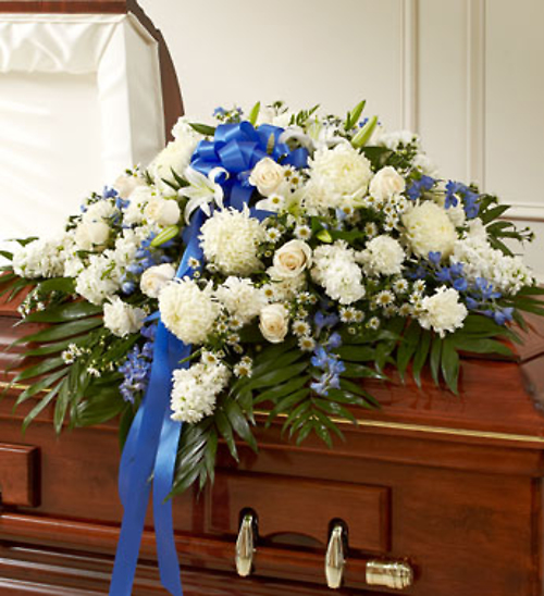 Blue & White Cherished  Rose Half Casket Cover