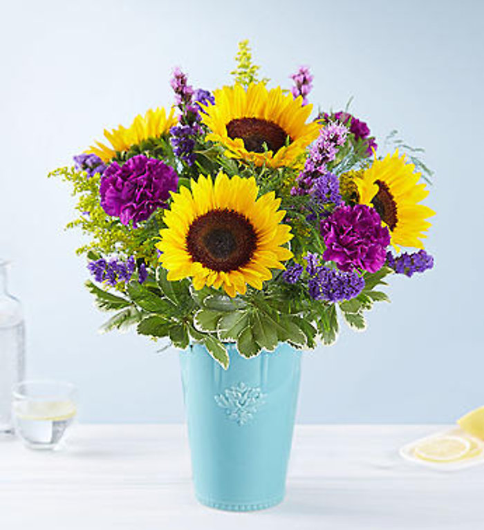 Golden Sunflowers in Rustic Charm Vase