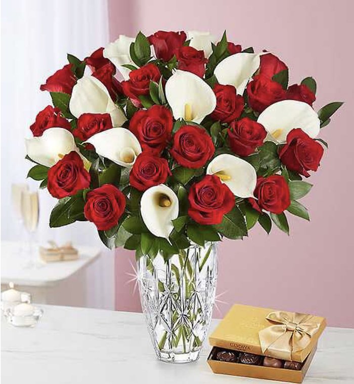 Red Rose And White Calla Lily Arrangement With Godiva