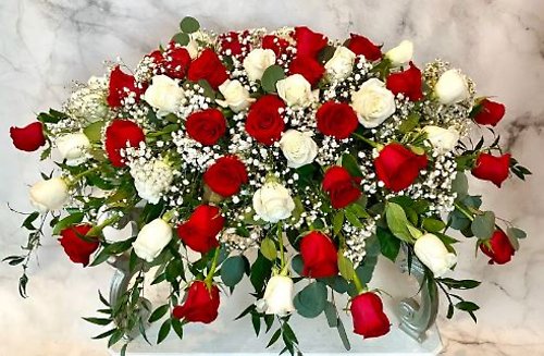 Red And White Rose Casket Spray