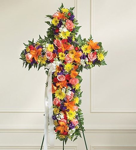 Standing Cross With Bright colored mixed Flowers